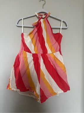 Striped Halter Tie Romper in Red, Pink & Yellow